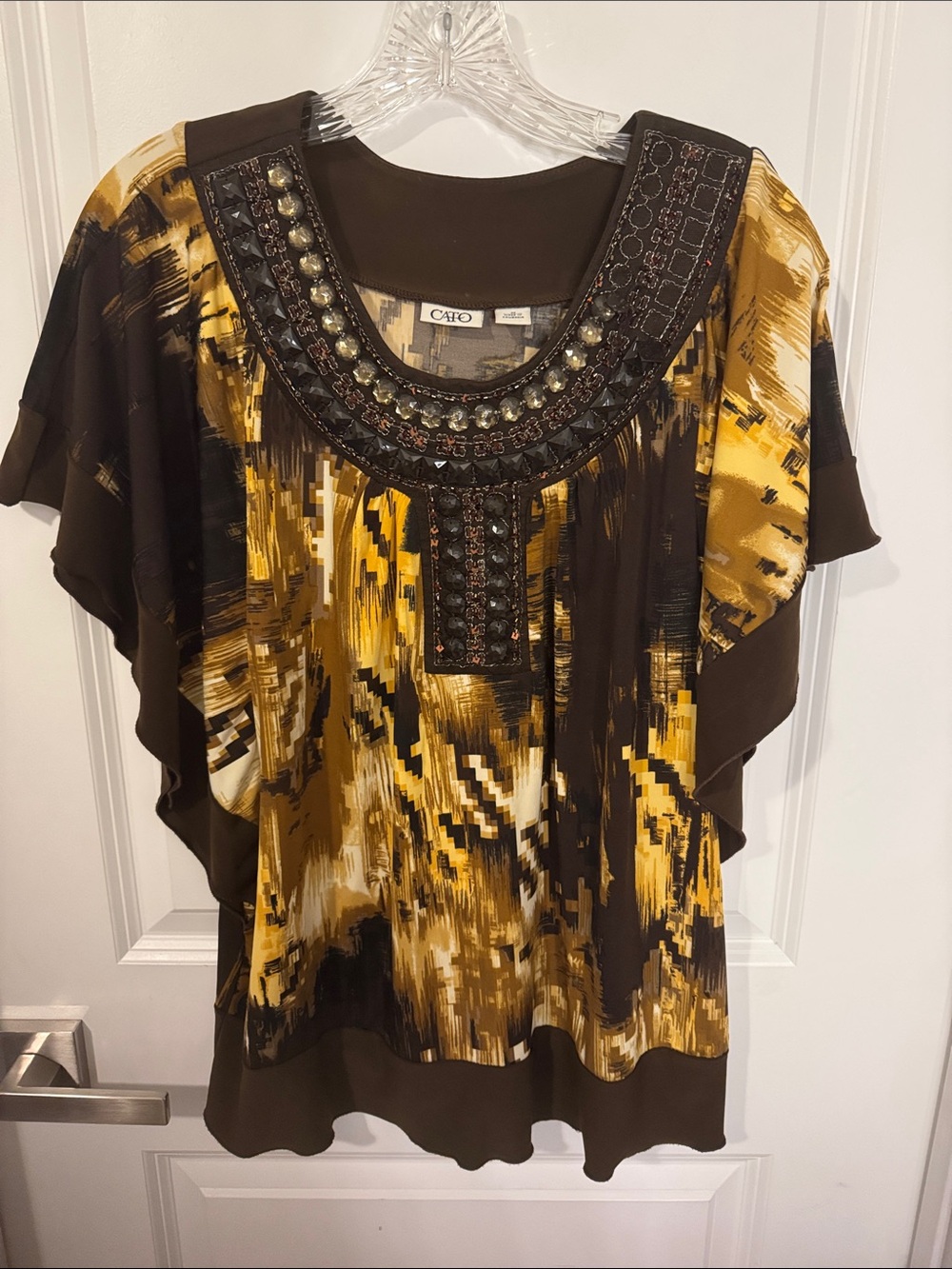 Cato Brown and Gold Beaded Neck Tunic Top